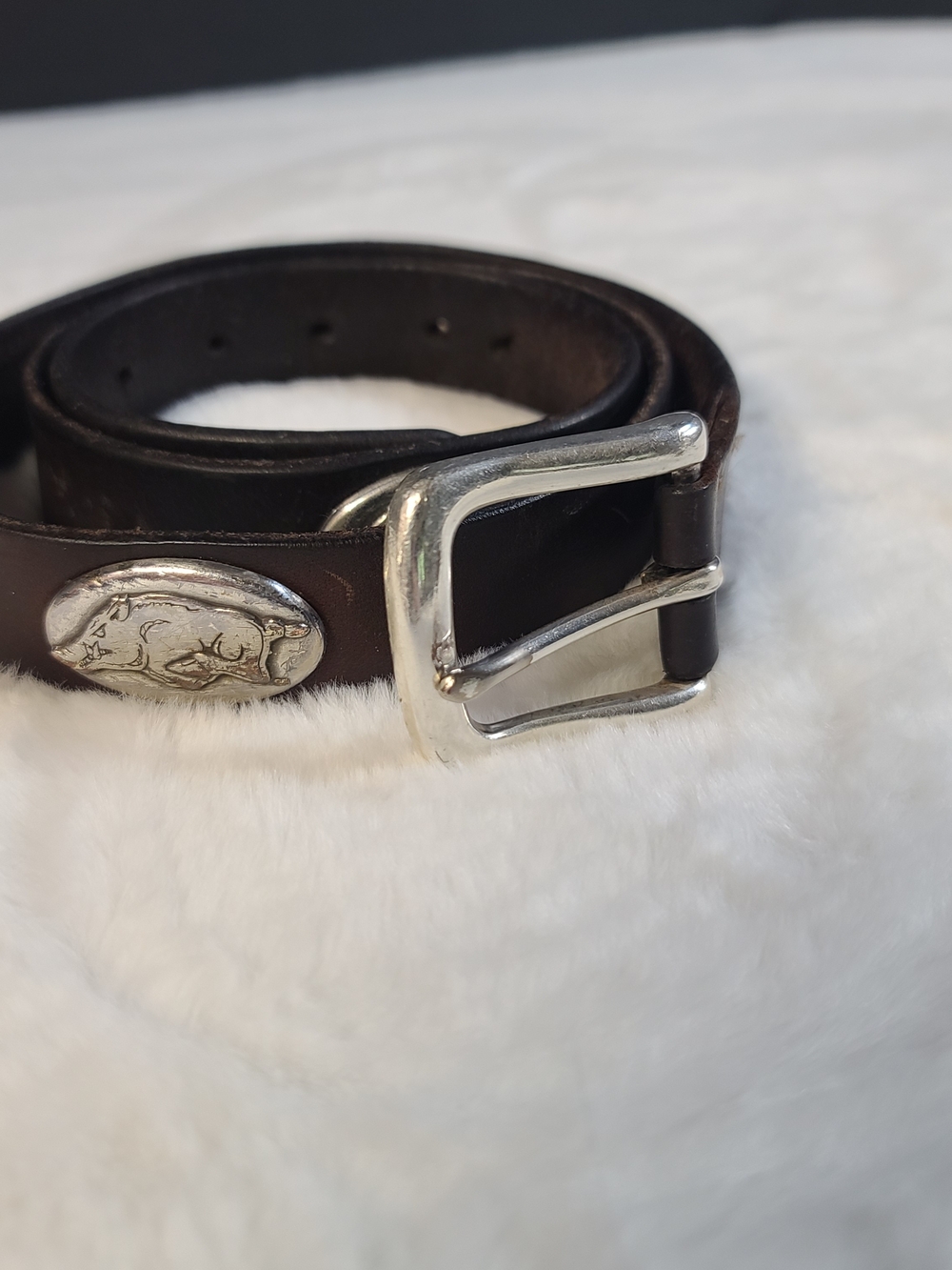 Men's Dark Brown Leather Belt with Silver Buckle and Concho Accent